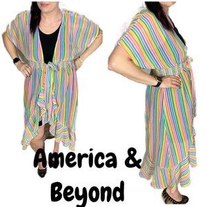 America & Beyond rainbow striped shirt sleeve kimono duster coverup. Tie. Sz L